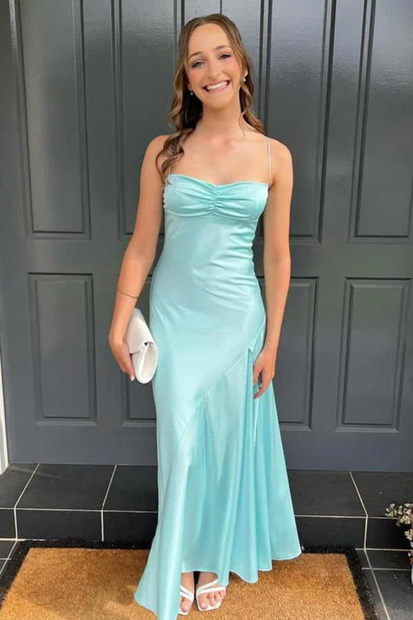 Spaghetti Straps Long Sheath Prom Dress With Split, Dusty Blue / 6