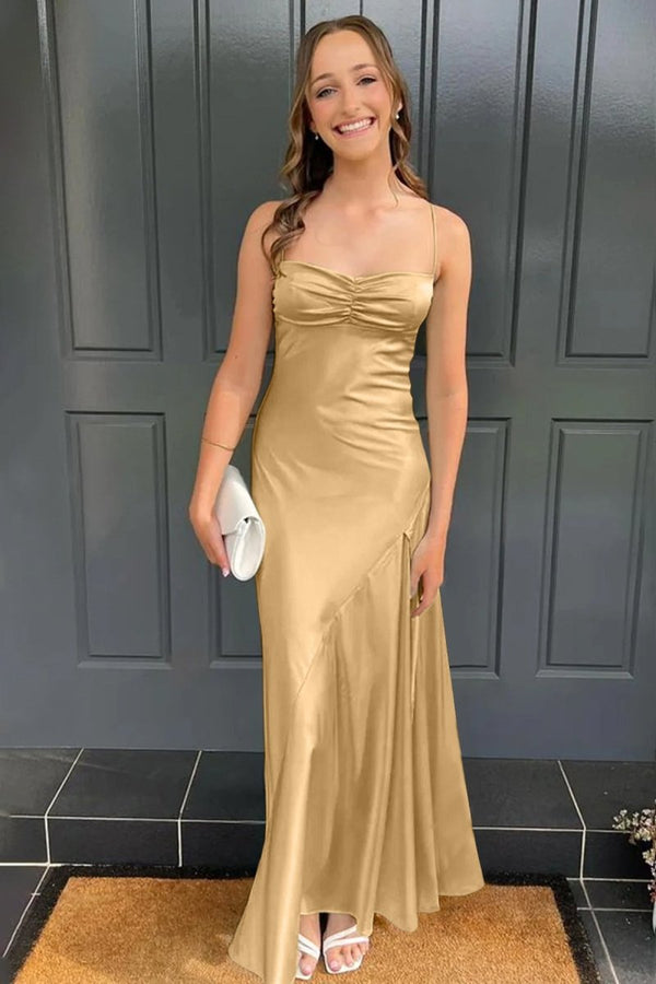 Spaghetti Straps Long Sheath Prom Dress With Split, Champagne / 4 Spaghetti Straps Long Sheath Prom Dress With Split, Champagne / 4
