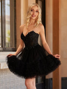 Kiva | Black - A Line Tulle Sweetheart Ruffles Homecoming Dresses with Beads