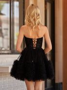 Kiva | Black - A Line Tulle Sweetheart Ruffles Homecoming Dresses with Beads