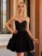 Kiva | Black - A Line Tulle Sweetheart Ruffles Homecoming Dresses with Beads