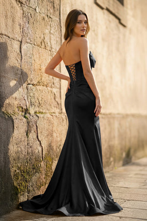 Mermaid Sweetheart Bow Satin Pleated Slit Long Prom Dresses - KISSPROM PROM DRESSES