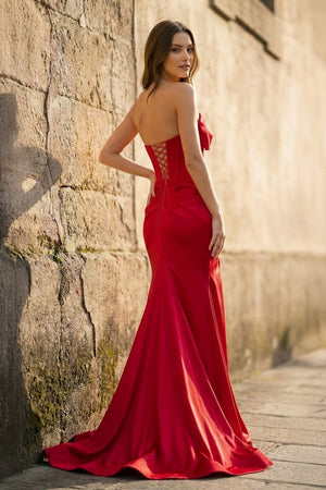 Mermaid V - Neck Bow Satin Pleated Slit Long Prom Dresses - KissProm