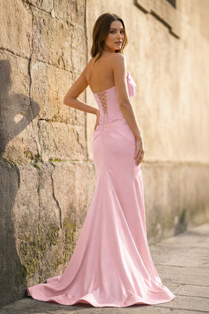 Mermaid Sweetheart Bow Satin Pleated Slit Long Prom Dresses - KISSPROM PROM DRESSES