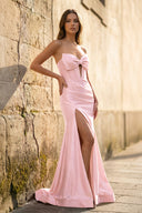 Mermaid Sweetheart Bow Satin Pleated Slit Long Prom Dresses - KISSPROM PROM DRESSES