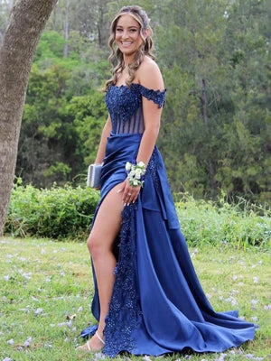 Korla | Off the Shoulder Satin Beaded Prom Dress With Appliques