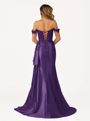 Korla | Off the Shoulder Satin Beaded Prom Dress With Appliques