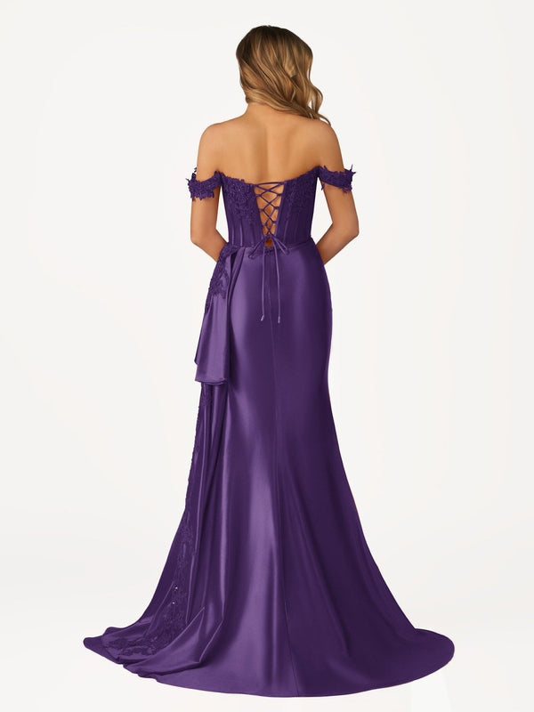 Korla | Off the Shoulder Satin Beaded Prom Dress With Appliques