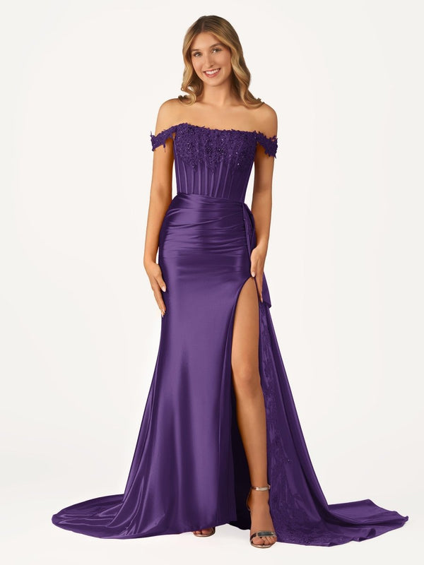 Korla | Off the Shoulder Satin Beaded Prom Dress With Appliques