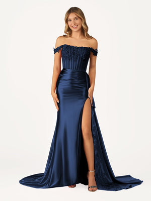 Korla | Off the Shoulder Satin Beaded Prom Dress With Appliques