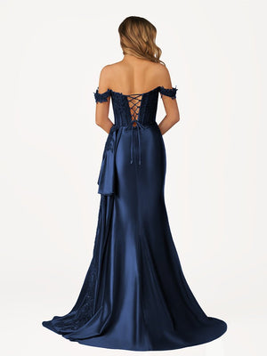 Korla | Off the Shoulder Satin Beaded Prom Dress With Appliques