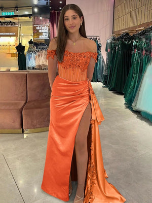 Korla | Off the Shoulder Satin Beaded Prom Dress With Appliques