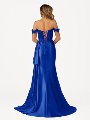 Korla | Off the Shoulder Satin Beaded Prom Dress With Appliques