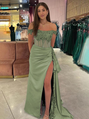 Korla | Off the Shoulder Satin Beaded Prom Dress With Appliques