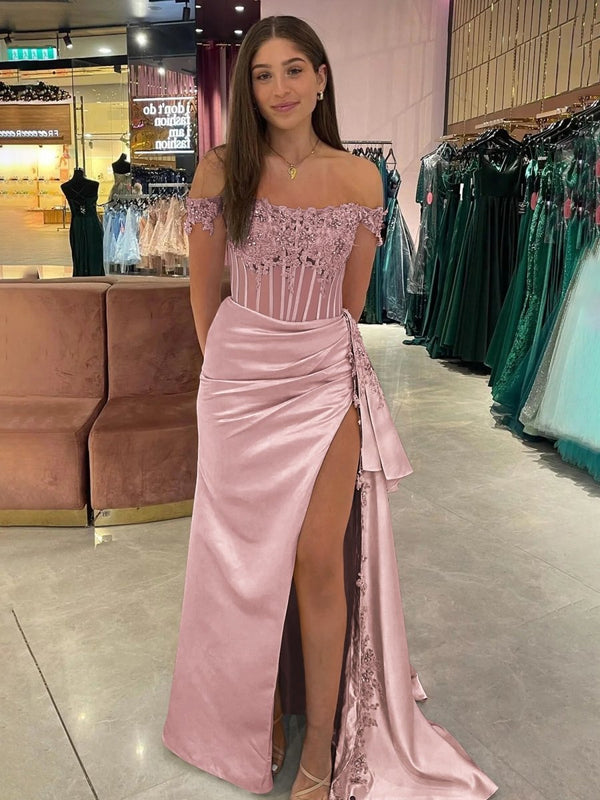 Korla | Off the Shoulder Satin Beaded Prom Dress With Appliques