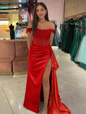Korla | Off the Shoulder Satin Beaded Prom Dress With Appliques