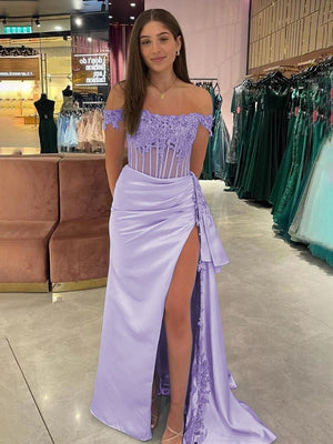 Korla | Off the Shoulder Satin Beaded Prom Dress With Appliques