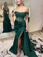 Korla | Off the Shoulder Satin Beaded Prom Dress With Appliques - KissProm