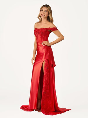 Korla | Off the Shoulder Satin Beaded Prom Dress With Appliques
