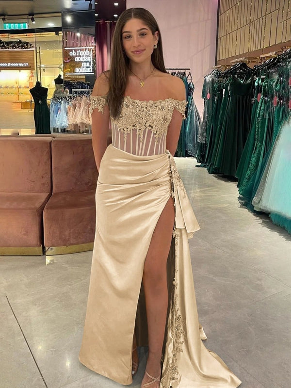Korla | Off the Shoulder Satin Beaded Prom Dress With Appliques