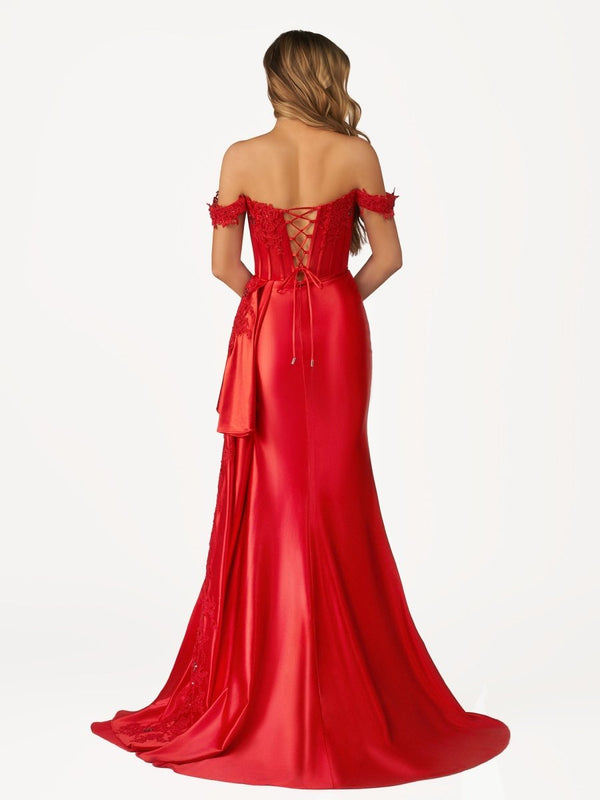 Korla | Off the Shoulder Satin Beaded Prom Dress With Appliques