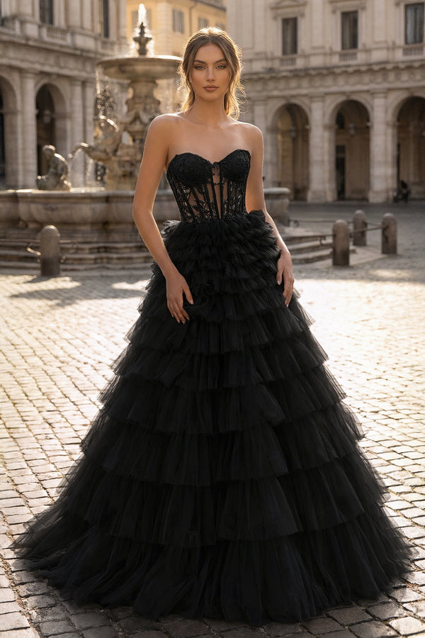 Yellow Sweetheart A Line Tiered Tulle Long Prom Dress - KISSPROM PROM DRESSES