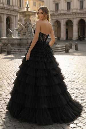 Yellow Sweetheart A Line Tiered Tulle Long Prom Dress - KISSPROM PROM DRESSES