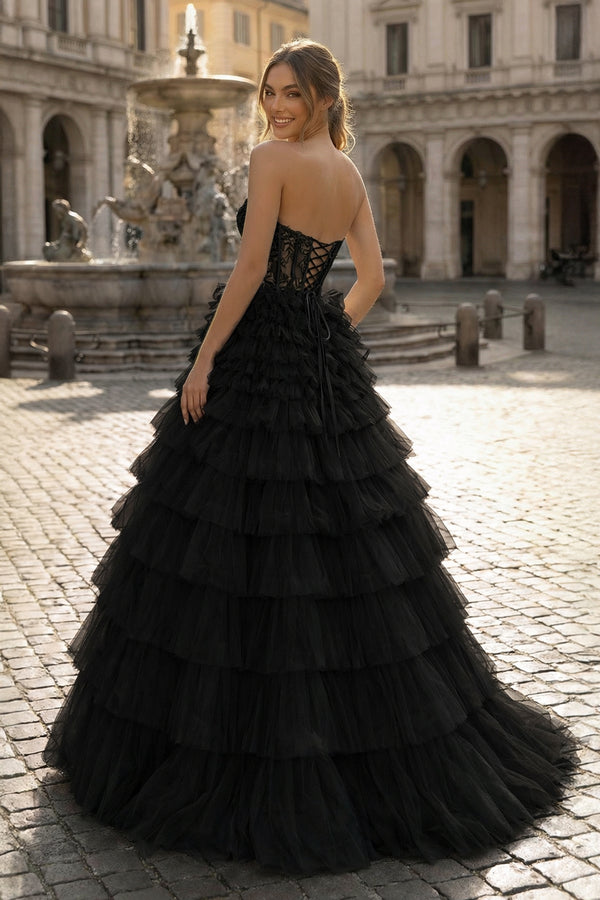 Yellow Sweetheart A Line Tiered Tulle Long Prom Dress - KISSPROM PROM DRESSES