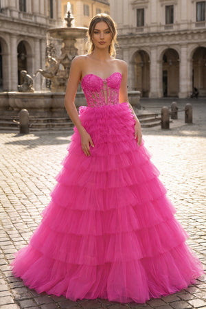 Yellow Sweetheart A Line Tiered Tulle Long Prom Dress - KISSPROM PROM DRESSES