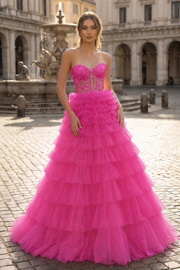 Yellow Sweetheart A Line Tiered Tulle Long Prom Dress - KISSPROM PROM DRESSES