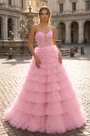 Yellow Sweetheart A Line Tiered Tulle Long Prom Dress - KISSPROM PROM DRESSES