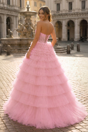 Yellow Sweetheart A Line Tiered Tulle Long Prom Dress - KISSPROM PROM DRESSES