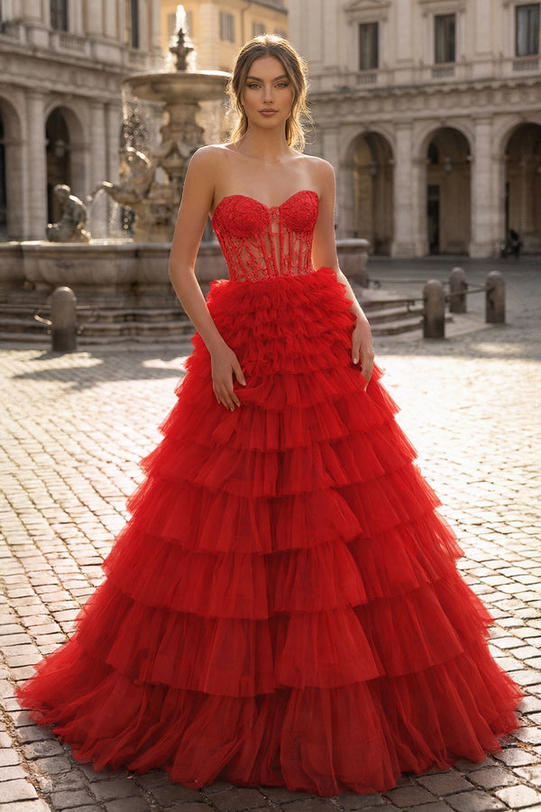 Yellow Sweetheart A Line Tiered Tulle Long Prom Dress - KISSPROM PROM DRESSES