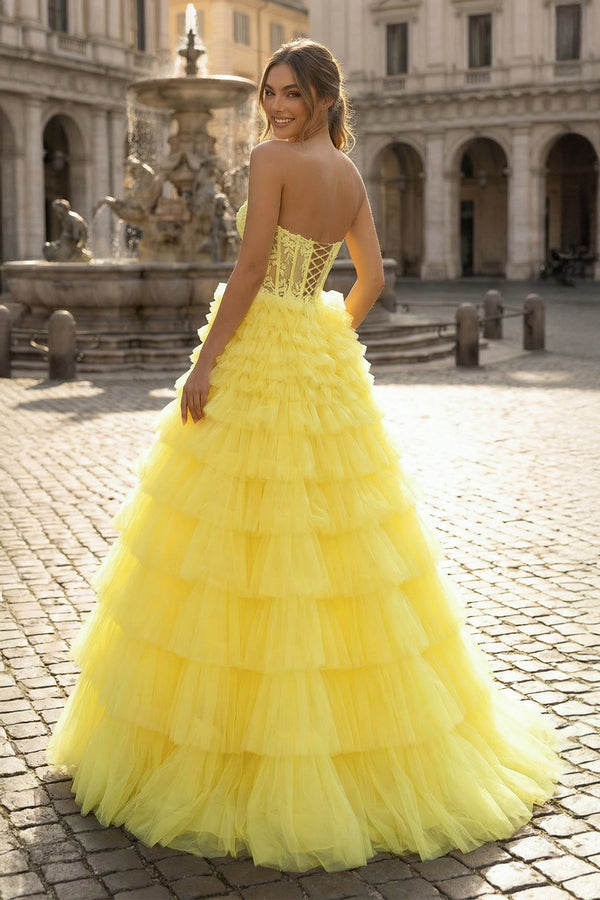 KissProm- Yellow Sweetheart A Line Tiered Tulle Long Prom Dress