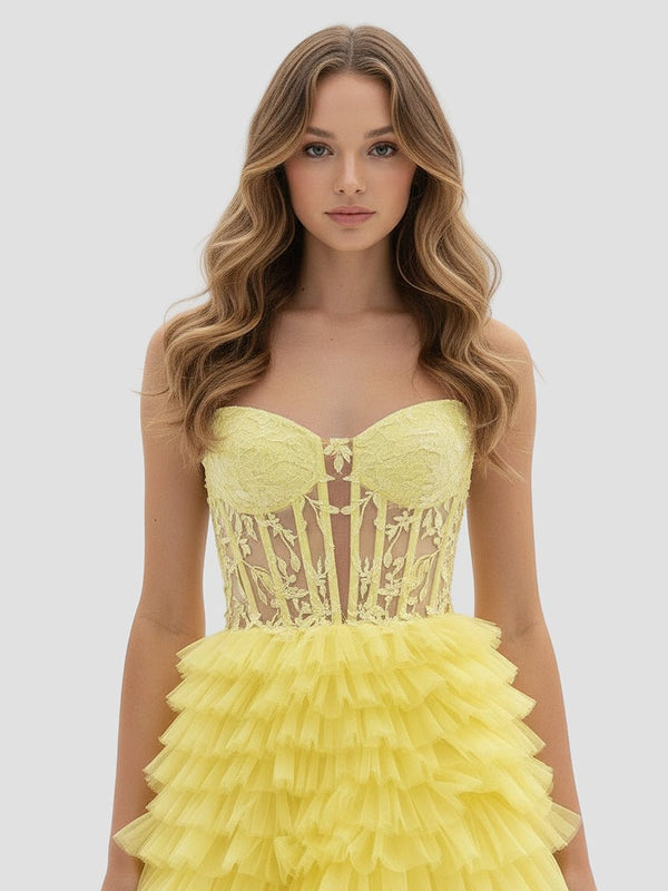 Yellow Sweetheart A Line Tiered Tulle Long Prom Dress - KISSPROM PROM DRESSES