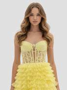 KissProm-Korrine Yellow Sweetheart A Line Tiered Tulle Long Prom Dress