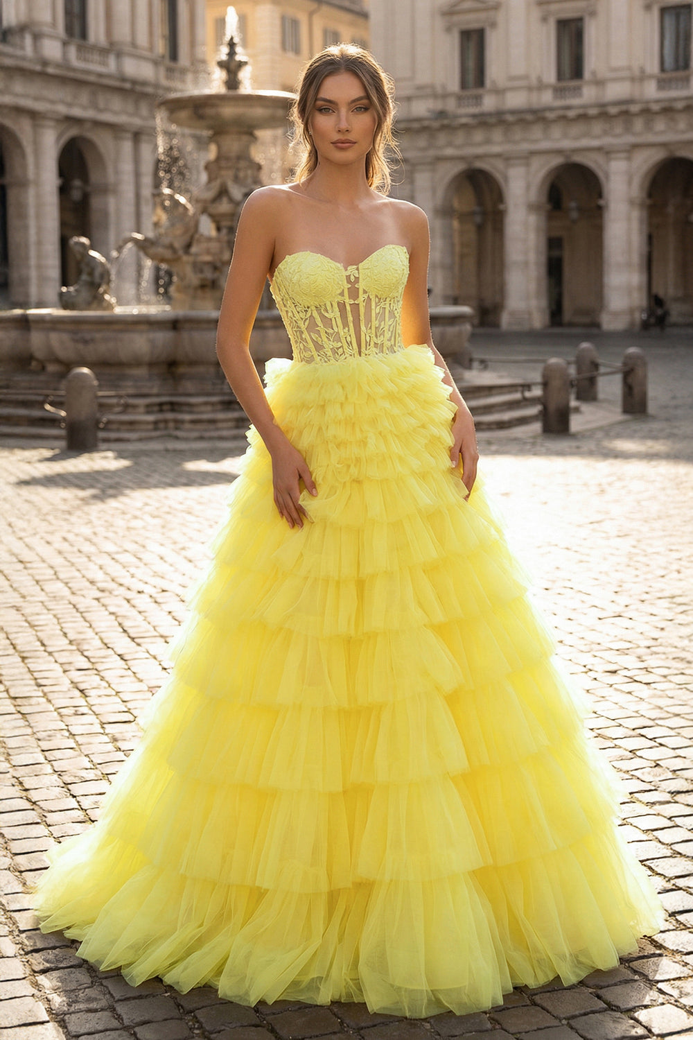 KissProm- Yellow Sweetheart A Line Tiered Tulle Long Prom Dress