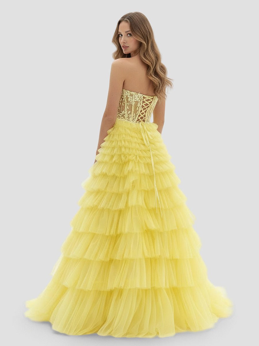 KissProm-Korrine Yellow Sweetheart A Line Tiered Tulle Long Prom Dress