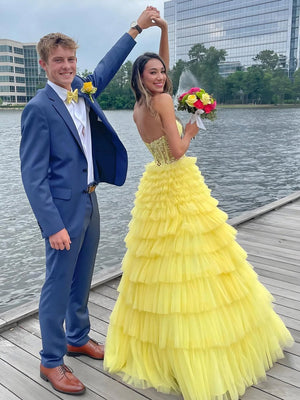 KissProm-Korrine Yellow Sweetheart A Line Tiered Tulle Long Prom Dress