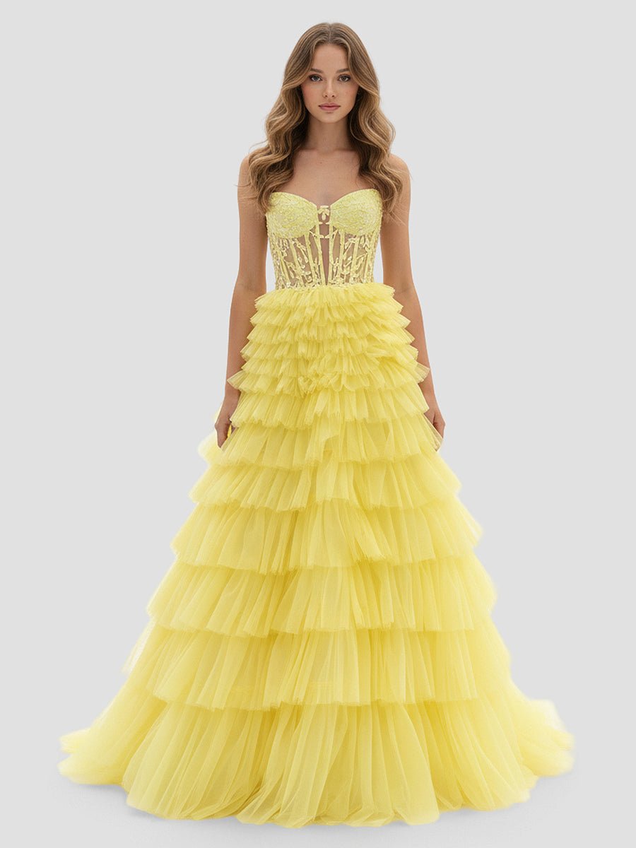 KissProm-Korrine Yellow Sweetheart A Line Tiered Tulle Long Prom Dress