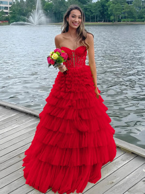 KissProm-Korrine Red Sweetheart A Line Tiered Tulle Long Prom Dress