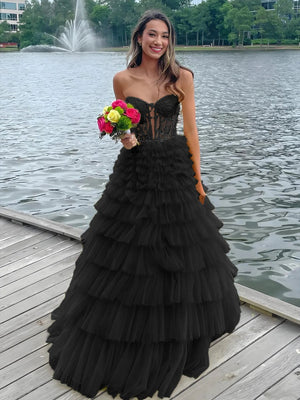 KissProm-Korrine Black Sweetheart A Line Tiered Tulle Long Prom Dress