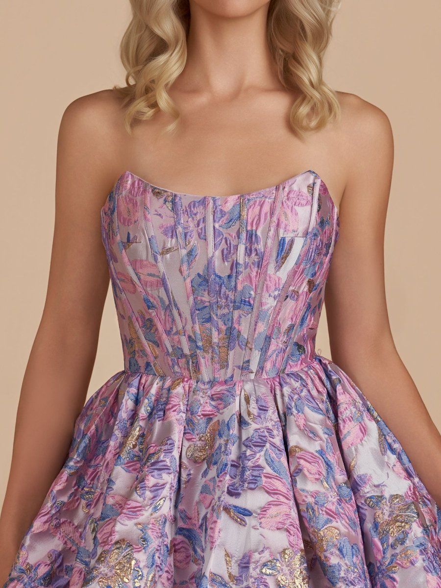 Kovi | Purple - A Line Brocade Strapless Corset Floral Homecoming Dress with Bubble Hem