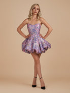 Kovi | Purple - A Line Brocade Strapless Corset Floral Homecoming Dress with Bubble Hem