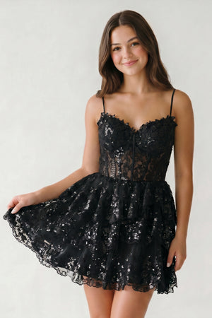 Black A- Line Sky Blue Sequins Multi-Layers Short Homecoming Dress - KISSPROM