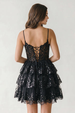 Black A- Line Sky Blue Sequins Multi-Layers Short Homecoming Dress - KISSPROM