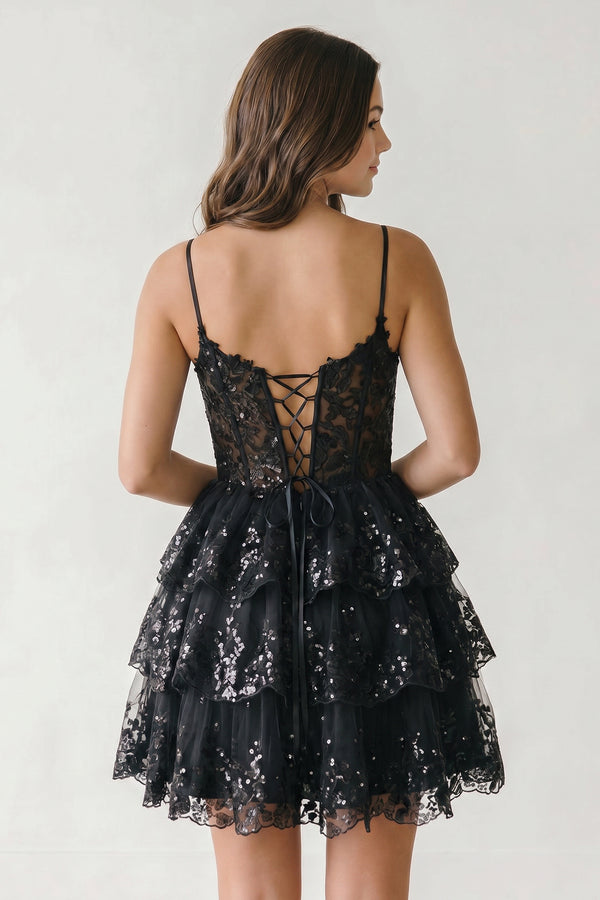 Black A- Line Sky Blue Sequins Multi-Layers Short Homecoming Dress - KISSPROM