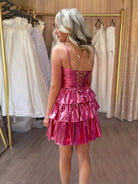 Kristinaa | Magenta - Keyhole A Line Metallic Homecoming Dress With Flower
