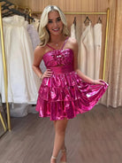 Kristinaa | Magenta - Keyhole A Line Metallic Homecoming Dress With Flower