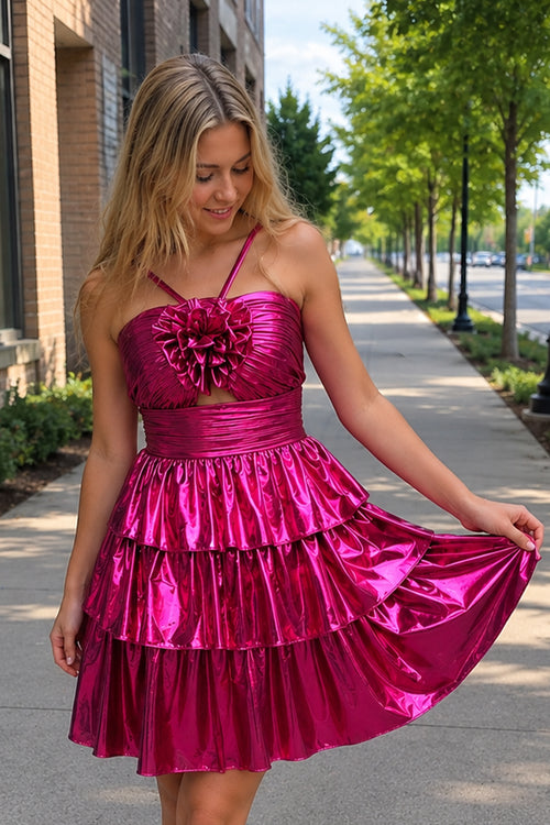 Magenta Keyhole A Line Metallic Homecoming Dress With Flower - KissProm 